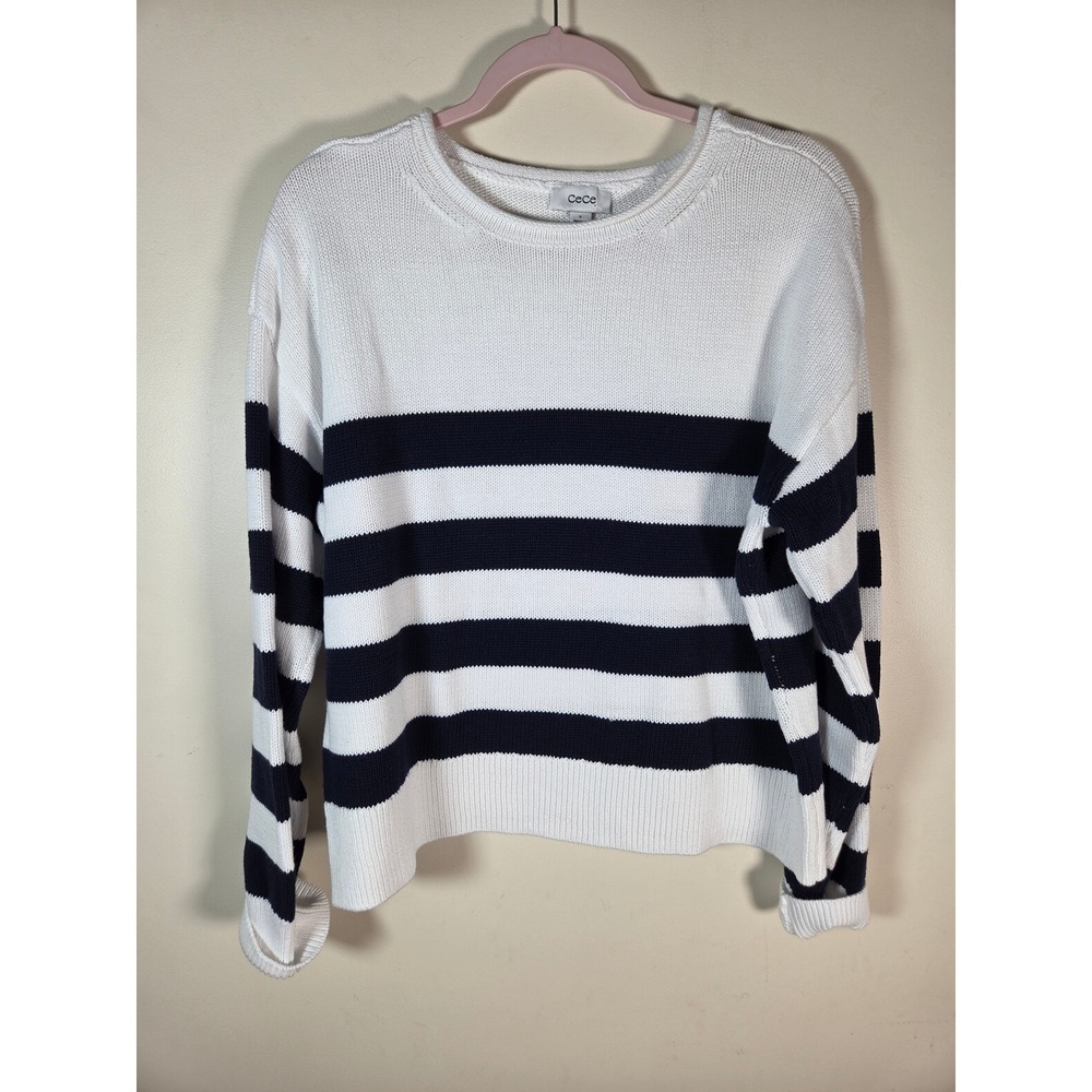 CeCe 100% Cotton Navy White Striped Sweater S Coastal Nautical Breton Roll Neck